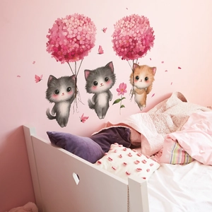 Cartoon cats holding pink hydrangea flower balloons wall decals for kids room decor