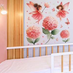 Watercolor fairy and pink hydrangea wall stickers for kids bedroom decor