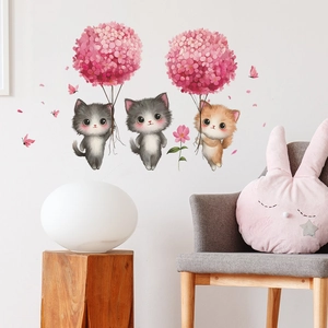 Cartoon cats wall stickers with pink hydrangeas and butterflies for home wall decoration