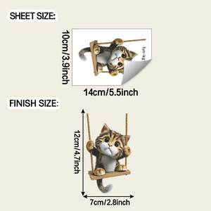 Detail view of cartoon cat on swing wall sticker showing sheet and finish dimensions