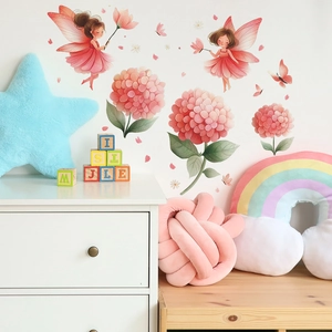 Cartoon fairy and pink hydrangea wall stickers for kids room decor self-adhesive decal