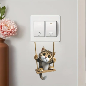 3D cartoon tabby cat on a swing wall sticker for home light switch decoration