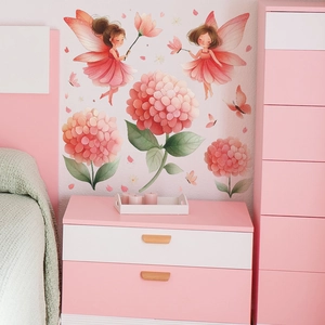 Cartoon Fairy And Hydrangea PVC Wall Sticker Self Adhesive Flower Butterfly Decal For Kids Room Bedroom Living Room Decor