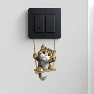 3D cartoon cat on a wooden swing wall sticker for decorative light switch covers