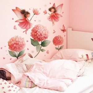 Cartoon fairy and hydrangea wall stickers for kids bedroom decor with floral elements