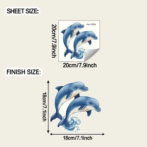 Luminous blue dolphin wall stickers showing product dimensions and water spray details