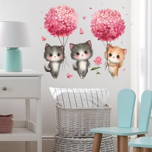 Cartoon cats with hydrangea flower balloons wall stickers for nursery and room decor