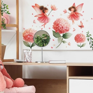 Cartoon fairy and hydrangea wall decal stickers for cozy living room decoration
