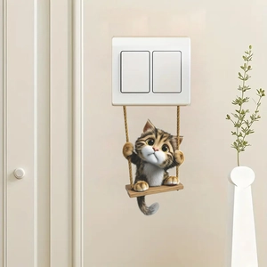 Cartoon tabby cat on a swing wall sticker decoration for light switch panels
