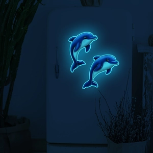Luminous blue dolphin wall stickers for bathroom decor glowing in dark home interior