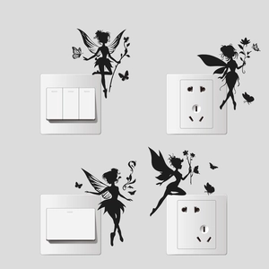 Stickers Muraux Silhouette de Fée Dessin Animé Autocollants d'Interrupteur Papillon Fleur Noirs Stickers Décoratifs en PVC Maison