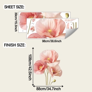 Dettaglio degli adesivi murali papaveri rosa con foglio di layout e misure finali