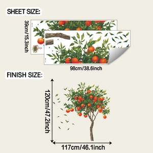 Detail showing orange tree wall sticker sheet size and finished display dimensions