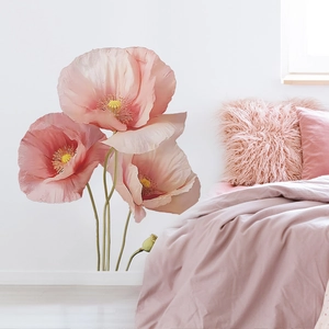 Fresco Adesivo da Parete Papavero Rosa in PVC Autoadesivo Murale Floreale Botanico Realistico per Soggiorno Camera da Letto