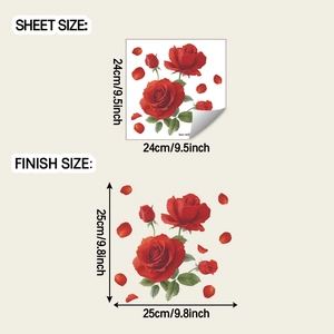 Detailed guide showing sheet and finish sizes for red rose floral toilet wall stickers