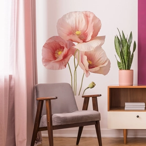 Adesivi murali realistici con papaveri rosa per la decorazione della parete del soggiorno