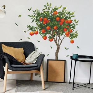 Artistic orange tree wall sticker with green leaves and vibrant fruits for home decor