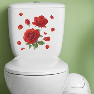 Romantic red rose floral toilet lid decal for bathroom home decoration with green leaves