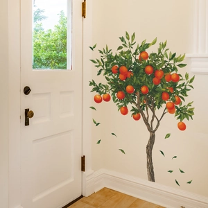 Vibrant watercolor orange tree wall decals with green leaves and fruit for home decor