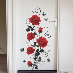 Romantic red rose vine and butterfly self-adhesive wall sticker for home decor
