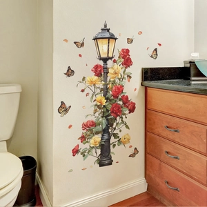 Retro street lamp wall sticker with red roses and butterflies for living room decor