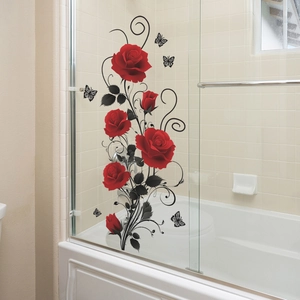 Self-adhesive red rose and black butterfly wall stickers for bathroom glass decoration