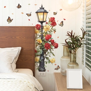 Vintage street lamp wall sticker with roses and butterflies for living room home decor