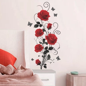 Elegant red rose and black butterfly wall stickers for bedroom background decoration