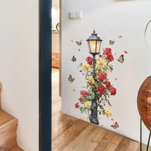 Vintage street lamp wall sticker with red roses and butterflies for home wall decoration