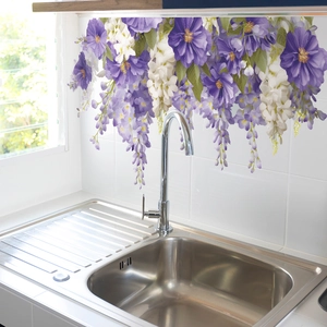 Hanging purple and white wisteria flower wall stickers for kitchen tile decoration