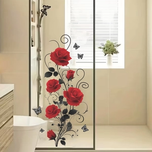 Self-adhesive floral vine wall sticker with red roses and black butterflies for bathroom decor
