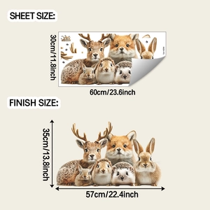 Detail of forest animal wall stickers showing elk, fox and rabbit with exact size dimensions