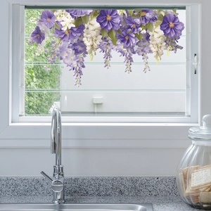 Self-adhesive purple and white floral wall decals for living room and study decoration