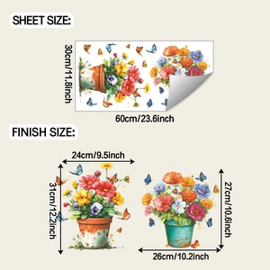 Detail showing sheet and finish dimensions of floral daisy and butterfly wall decals