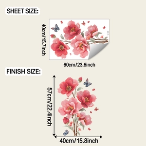 Détails de la planche et dimensions finales du sticker mural pivoines et papillons