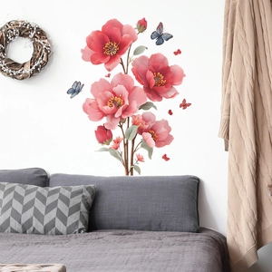 Sticker Mural Pivoine Rose Papillon PVC Auto-Adhésif Peint Floral Décalcomanie Pour Chambre Salle De Bain Salon Décoration Maison