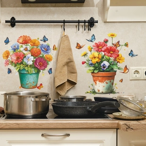 Colorful daisy flower pot and butterfly wall stickers for kitchen home decor