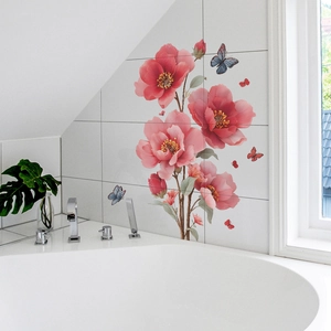Stickers muraux pivoines et papillons pour décoration intérieure dans une salle de bain