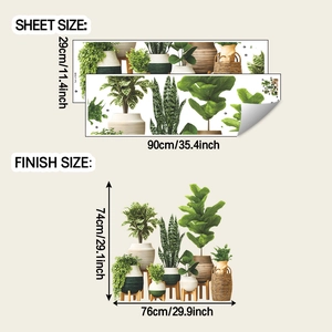 Detail view of 2-sheet green plant wall stickers set with dimensions and layout guides