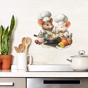 Cartoon mouse chef wall sticker for kitchen decoration with cooking mice and food elements
