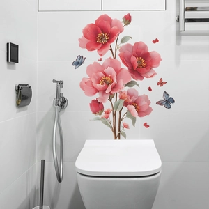 Stickers muraux autocollants pivoines et papillons pour la décoration de la salle de bain