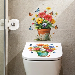 Vibrant daisy flower pot and butterfly wall decals for modern bathroom home decoration