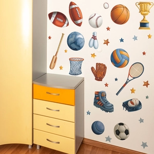 Stickers muraux de sport colorés avec football, basket et étoiles pour chambre de garçon