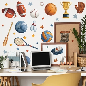 Stickers muraux sport avec football, basket et étoiles pour décoration chambre garçon