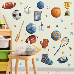 Stickers Muraux Éléments de Sport Dessin Animé pour Chambre de Garçon Football Basketball Étoiles Décalcomanie en PVC Amovible Décoration