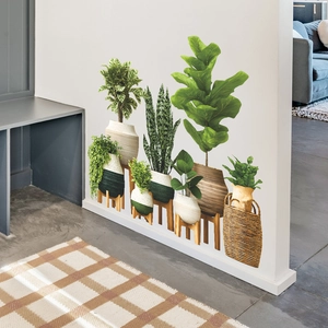 Self-adhesive green plant wall decals featuring fiddle leaf fig and snake plant in baskets