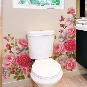 Blooming pink peony and butterfly self-adhesive wall stickers for bathroom decoration