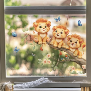 Cute cartoon lions wall sticker with birds and butterflies for kids room window decor