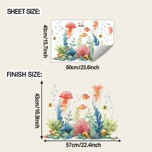 Detail view showing sheet size and finish size of cartoon sea world wall stickers