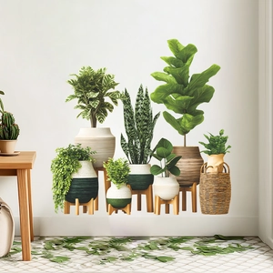 Nordic style self-adhesive wall stickers with artificial potted green plants and wooden stands
